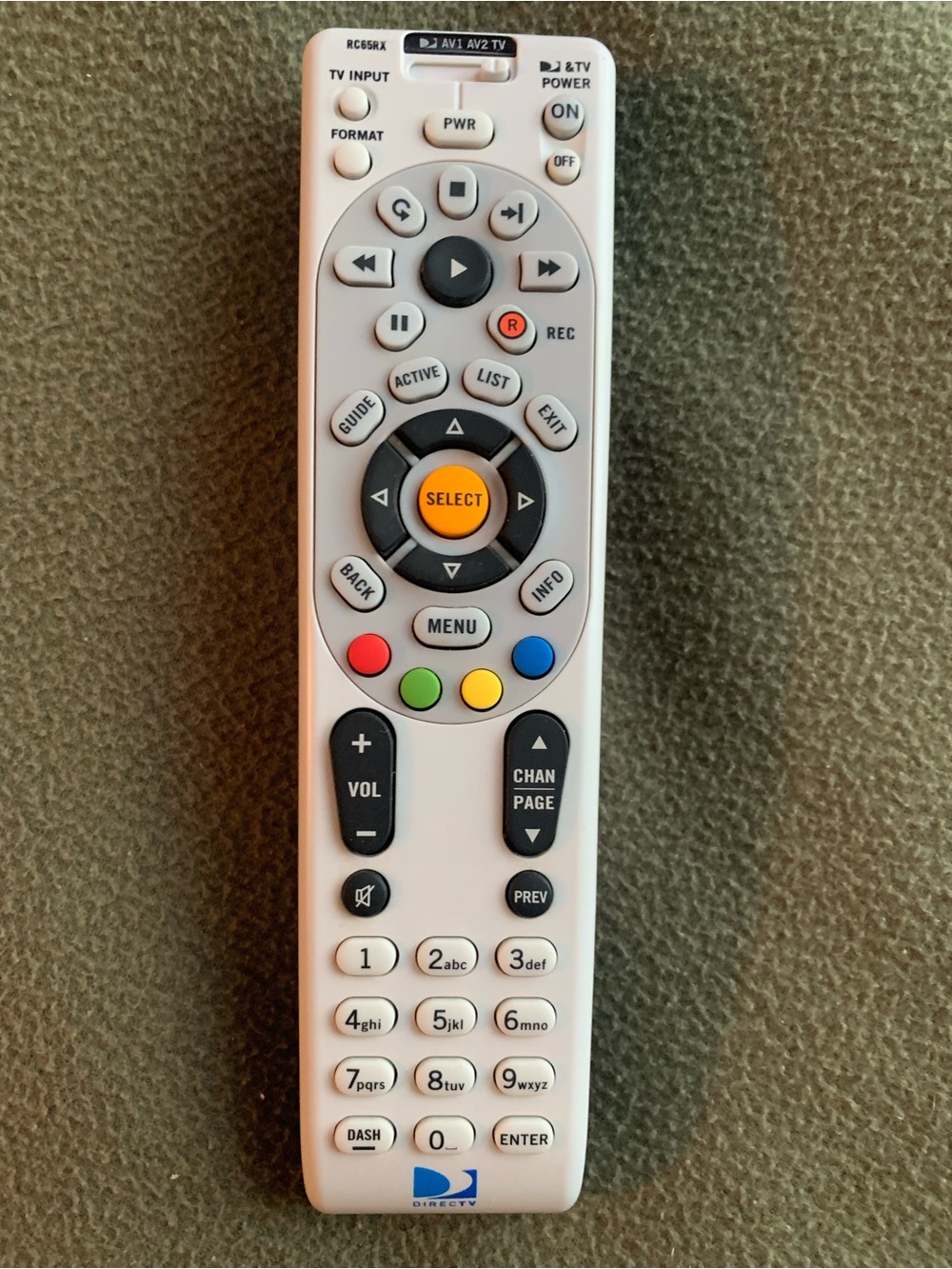 DirectTV wireless remote control. Model RC65EX. Black and white.